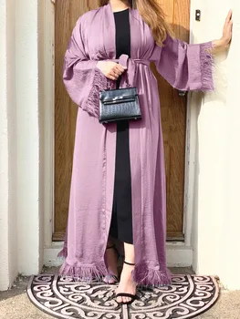 Muslimské Otevřít Abaya Šaty Kimono pro Ženy Letní Módní Svetr Peří Zdobené Hidžáb Župan Vnitřní Šaty DubaTurkey Oblečení