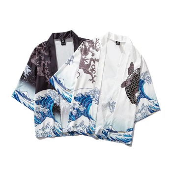 SUPER Svetr Kimono Ženy Muži Obi Japonské Mužské Yukata Pánské Japonské Haori Vlna Kapr Tisk Kabát Tradiční národní styl