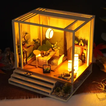 NOVÉ Módní Nail Shop Čaj Pokoji Dřevěný Domeček pro panenky Miniaturní Nábytek S LED Stavebnice domečků pro Panenky DIY Montáž Hračky Děti Dárek