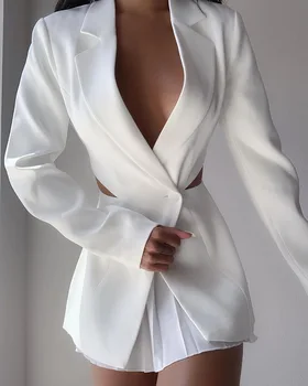 Ženy Oblek Sako Bílé Pasu V-neck Suit Límec jedno Tlačítko Slim, Vysoký Pas A Dlouhý Rukáv Dojíždějící Temperament Elegantní