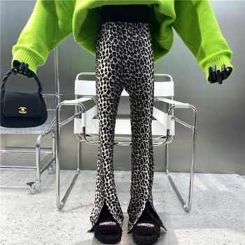 Nová Značka Originální Design 2021 Plyšové Štěrbinou Leopard Tisk Kalhoty Retro Univerzální Elastický Pás Slim Rovné Trubice Podlahové Mopy Kalhoty