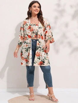 Finjani Květinové Tisk Shirred Límcem Střihu topu A Kabát Plus Velikost Ženy Letní Oblek Set