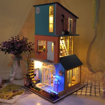 DIY Domeček pro panenky Sada Dřevěných domečků pro Panenky Dřevěný Moderní City Loft Miniaturní Nábytek, Lampa, Postele, Hračky Pro Děti Vánoční Dárek