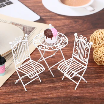 Evropský Styl Miniaturní Kovový Bílý Stůl, Židle Pro 1/12 Panenky Dům, Místnosti, Nábytek Zahradní Mini Tepaného Železa Stůl, Židle Model