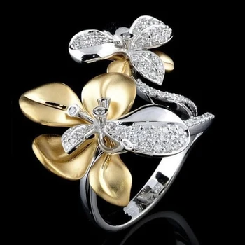 Módní Zlaté Stříbrné Barvy Míchání Květ, Zásnubní Prsten Micro Vydláždit Crystal Snubní Prsteny pro Ženy, Jedinečné Šperky Anillos Mujer