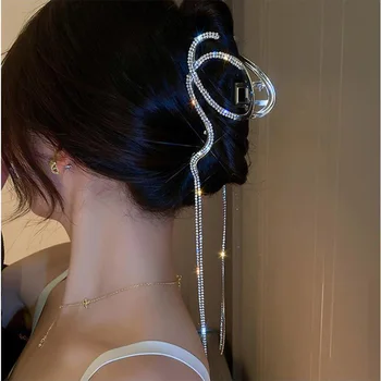 Luxusní Crystal Dlouhý Střapec Geometrické Vlny Velké Krab Klip korejské Ženy Vlasy Dráp Klipy Kus Hlavy Vlasové Doplňky pro Ženy 2022