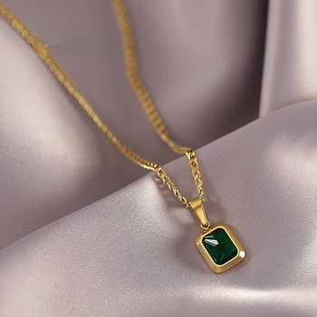 Evropské a Americké Zlato z Nerezové oceli Řetězce Zelený Čtverec Přívěskem Náhrdelník Módní Luxusní Šperky Pro Ženy Klíční kost Řetěz