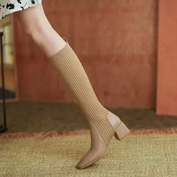 Elastické punčochy boty 2021 dámské náměstí toe módní boty tlusté podpatku kolena vysoké boty nové štíhlé a tenké boty ženy
