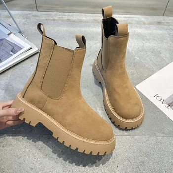 2022Chelsea boty tlusté boty dámské zimní kotníkové boty hnědé podzimní móda klasické pohodlné tlusté sole elastické kotníkové boty