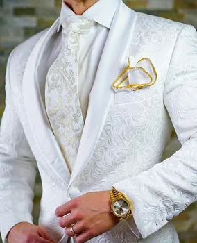 2023 Nové ArriTailored Bílá Žakárová Oblek Pro Ženicha Muži Smoking Terno Slim Fit Best Man Blazer Ples Svatební Obleky S Kalhoty