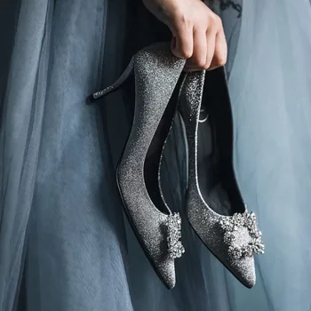 Na jaře ukázal drahokamu flitry jehlové vysoký podpatek svatební svatební boty velikost velikost all-zápas šaty ženy jediné boty