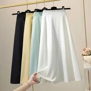 Letní Sukně pro Ženy 2021 Pevné Elegantní Vysoké Pasu A-Line Dlouhá Sukně Y2K korejský Módní Oblečení
