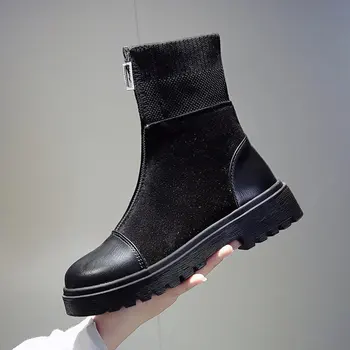 Robustní Boty Chelsea Boots dámská Zimní PU Kůže Plyšové Vulkanizace Kotníkové Boty Ženské Černé Podzimní Módní Platforma Botas