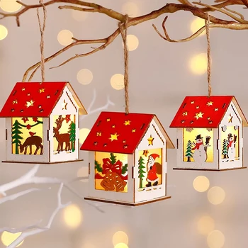 Vánoční Dekorace LED Světlo Dřevěný Dům Světelný Kabiny pro Domácí DIY Vánoční Strom Závěsné Ozdoby Děti, Dar, Nový Rok 2023