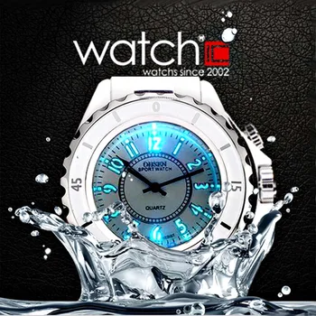 Módní Bílé Hodinky, Ženy, Sportovní Hodinky, 7 Multi-color Led Světlo Quartz Náramkové hodinky Dámské Plastové Hodinky OHSEN Reloj Mujer
