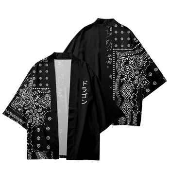 Japonský Streetwear Muži Svetr Cosplay Košile Módní Kešu Květiny Tisk Černé Kimono Harajuku Tradiční Haori