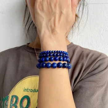 Fashion Lapis Lazuli Muži Korálkové Náramky Přirozený Oblý Kámen Korálky Náramky Unisex Elastický Náramek Řemeslo Šperky Dárek Pro Ženy