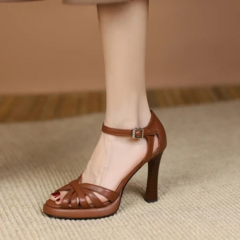 NOVÉ Letní Žen Sandály Kožené Tenké Podpatky Boty Sexy Super Vysoké Podpatky Boty pro Ženy, Vintage Římské Tkané Sandály na Platformě