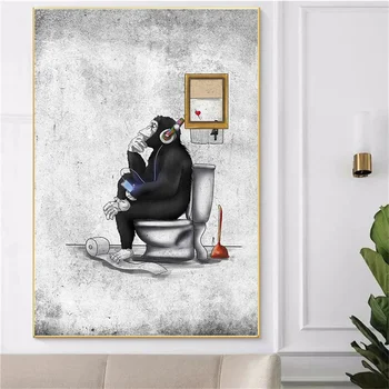 Gorila Se Sluchátky na uších Sedí na Wc Plátno Malba, Legrační Zvířecí Banksy Wall Art Obrázky pro Koupelny Domů Dekor Bez Rámu
