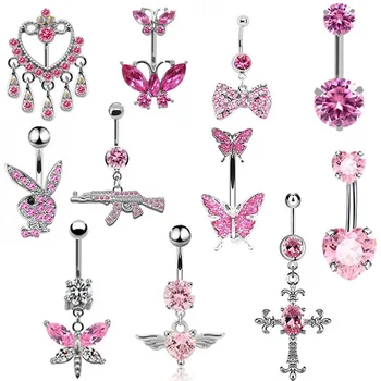 14G Nerezové Oceli Motýl Pupek Kroužky Pupek Ženy Módní Srdce pupíku Piercing Piercing Šperky Růžová