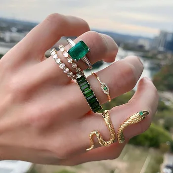 6ks/Sada Luxusní Zeleného Drahokamu Prsteny pro Ženy Vintage Crystal Snake Nastavitelný Kovový Prsten Šperky Doprava Zdarma