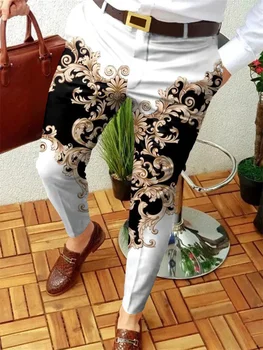 Muži Business Casual Kalhoty Retro Vzor Vytisknout Rovné Dlouhé Kalhoty Pánské Jarní Podzimní Móda Streetwear Vintage Muži Oblečení