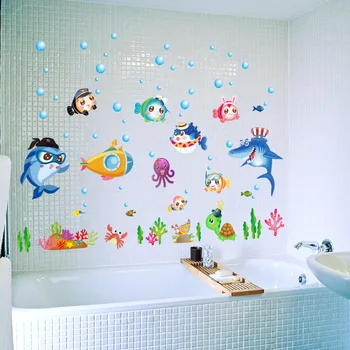 modré Mořské Ryby Bubliny Samolepka na Zeď Cartoon Pro Děti Pokoje Koupelna Domácí Dekorace nástěnné malby