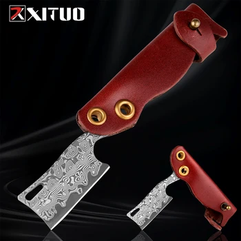 XITUO Speciální Mini Kapesní Nůž Japonské Damašek Oceli Skládací Nůž Hovězí kůže Pouzdro Klíč, Ochranné Přenosné Obálky Ovoce Nástroj