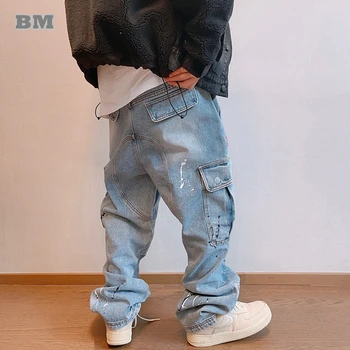 Korejský Hip Hop Baggy Džíny Harajuku Neformální Cargo Kalhoty Muži Oblečení Streetwear Oversize Rovné Džínové Kalhoty High Street