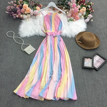 2022 Letní Dámské Šaty Rainbow Skládaný Podvazkový Ohlávka Midi Gradient Barva Tenký Elegantní Dost Sladké Party Girls Oblečení