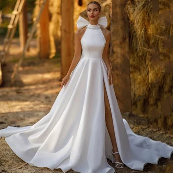 Furtanseo Sexy A-Line Svatební Šaty White Halter Neck Vysokým Split Šaty 2023 Satén S Hlubokým Výstřihem Svatební, Večerní Ples Šaty Plus Velikost