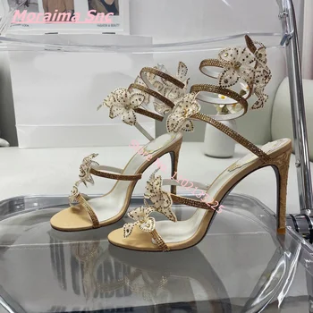 Letní Nové Ženy, Luxusní Sandály 3D Butterfly Popruhy, Tenké Vysoké Podpatky Barevné Diamanty Doprava Zdarma Sladké Květiny Svatební Boty