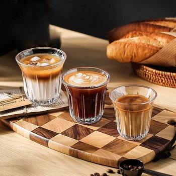 4pc Cappuccino Latte Cup Svislé Pruhované šálek Kávy Set Skleněné Restaurace Instantní Mléko Vytáhnout Květ Pohár Tepelně odolné Čajový Set