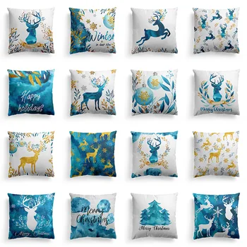 Vánoce Nový Modrý Akvarel Elk Series Polyester Polštář Dekorační Polštáře Kryt pro Pohovku, Auto, bytové Dekorace, Doplňky