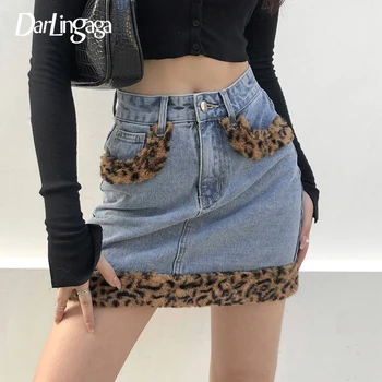 Darlingaga Streetwear Umělé Kožešiny Leopard Print Džínové Mini Sukně Módní Vintage Sestříhané Vysokým Pasem Sukně Ženy Sukně Kapsy