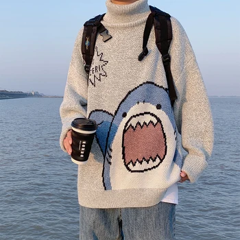 Pánský Rolák Svetr Kreslený Žralok Vzor Nadrozměrné Svetr Módní Harajuku Streetwear Páry, Volné Svetry pro muže