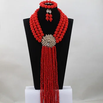 Módní Červené Koule Crystal Design Přírodní Nigerijský Africké svatební Svatební Ženy Korálky Náhrdelník Šperky Set Doprava Zdarma ABH084