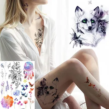 YURAN Ženy Květiny Dočasné Tetování Nálepka 3D Dreamcatcher Motýl Falešné Sexy Tetování White Ice Snow Fox Tělo Umění Tetování Paže