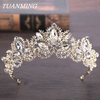 Svatební Crystal Crown Nevěsta Vlasy Šperky Ručně Vyráběné Světle Zlaté Drahokamu Svatební Čelenky Koruny Doplňky Pro Ženy Vlasy