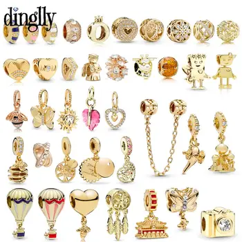 Dinglly Nové Zlaté Srdce Korálky Včelí Kouzlo Fit Diy Náramky Značky Originální Kulaté Crystal Korálky Šperky Příslušenství