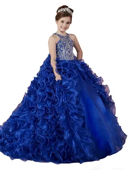 Luxusní Královská modrá Květina Dívka Šaty bez Rukávů Malá Princezna Narozeninovou Oslavu Průvod Šaty První Svaté Přijímání Průvod Šaty
