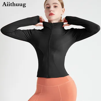 Aiithuug Cvičení Zip Bundy pro Ženy, Jóga, Běh Sportovní Track Jacket, s Otvory na Palec Slim Fit Lehké Sako