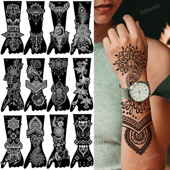 12ks Dočasné Tetování Šablony Ruku Henna body Art Sticker Template Svatební Nástroj, Indie Flower Vodotěsné Profesionální Šablony