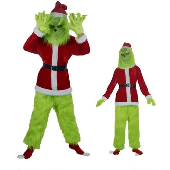 Zelené Monstrum Kostým pro Dospělé Vánoční Cosplay Santa Kostýmů S Maskou Chlupaté Santa Oblek Halloween Party Oblečení Sváteční Rekvizity