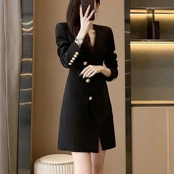 Elegantní Černé Asymetrické Oblek Šaty Jaro Podzim Office Lady Mini Single Breasted Ležérní Šaty pro Ženy 2023