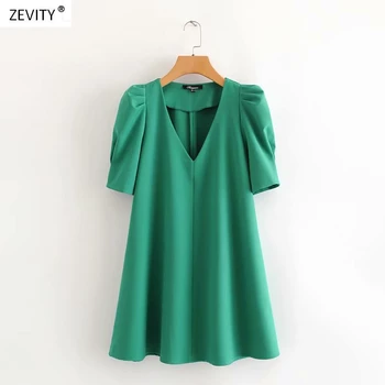Nový 2020 ženy móda v krku záhyby puff rukáv pevné zelené mini šaty elegantní office lady vestidos ležérní rovné šaty DS3681
