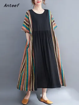 Anteef krátký rukáv nadrozměrné bavlněné vintage stripe šaty pro ženy ležérní volné dlouhé letní šaty elegantní oblečení 2022
