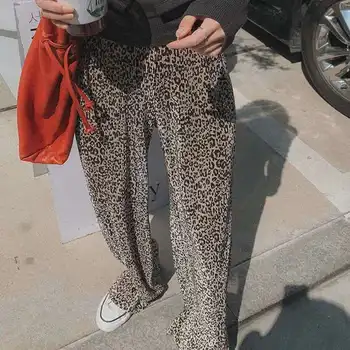 Johnature Letní Módní Leopard Print Šifon Širokou Nohu Kalhoty Ženy 2023 Nové Ležérní Celý Zápas Elastický Pás Celé Délce Kalhot