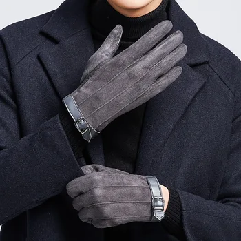 semišové disk rukavice muži zimní Udržovat v teple Plus sametové zahušťování obrazovce Větruodolný zimní palčáky Pletené misku Plnou pusu prst