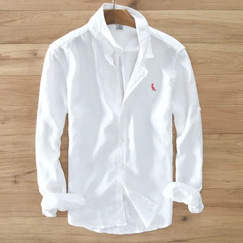 2021 100% čisté prádlo s dlouhým rukávem pánské oblečení značky muži tričko solid bílá košile muži camisa pánské košile